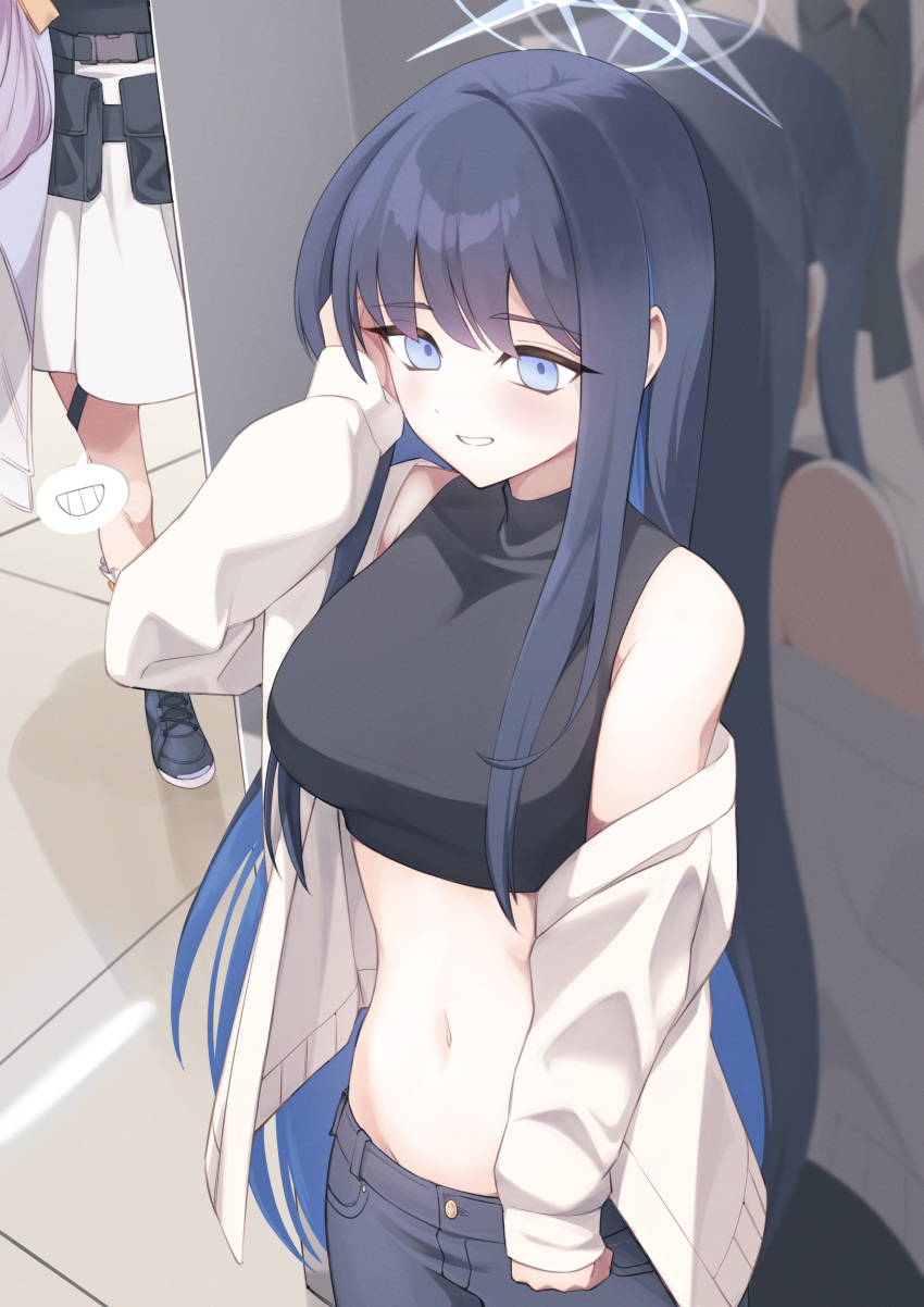 1other 2girls absurdres atsuko's_grin_(meme) atsuko_(blue_archive) bare_shoulders black_pants black_shirt blue_archive blue_eyes blue_hair blush breasts commentary_request cowboy_shot crop_top grin highres jacket large_breasts long_hair long_sleeves meme midriff multiple_girls navel off_shoulder open_clothes open_jacket pants projectorzero reflection saori_(blue_archive) sensei_(blue_archive) shirt smile standing stomach very_long_hair white_jacket