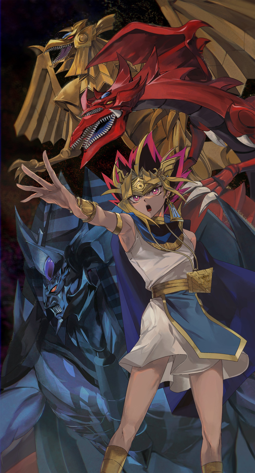 1boy absurdres ankh armlet atem bare_shoulders black_hair blonde_hair bracelet commentary_request dark-skinned_male dark_skin dyed_bangs earrings egyptian egyptian_clothes eye_of_horus highres jewelry male_focus millennium_puzzle multicolored_hair obelisk_the_tormentor open_mouth osiris_the_sky_dragon purple_eyes purple_hair sleeveless spiked_hair teeth the_winged_dragon_of_ra upper_teeth_only uuu_ygo yu-gi-oh! yu-gi-oh!_duel_monsters