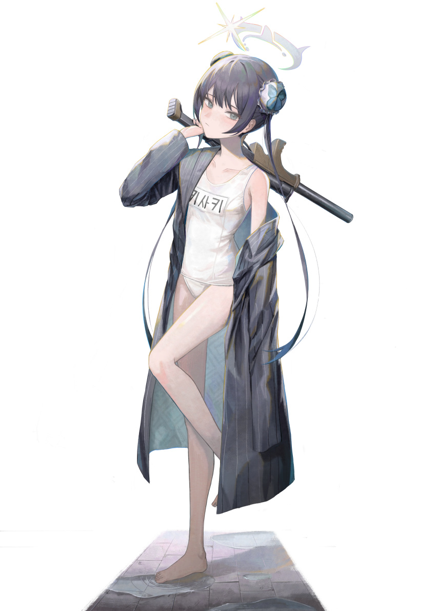 1girl absurdres bare_legs barefoot black_coat black_hair blue_archive blue_butterfly bug bun_cover butterfly closed_mouth coat collarbone commentary grey_eyes gun halo highres holding holding_gun holding_weapon kisaki_(blue_archive) long_hair looking_at_viewer off_shoulder one-piece_swimsuit puddle school_swimsuit simple_background solo standing standing_on_one_leg subfiction swimsuit twintails weapon weapon_request white_background white_one-piece_swimsuit