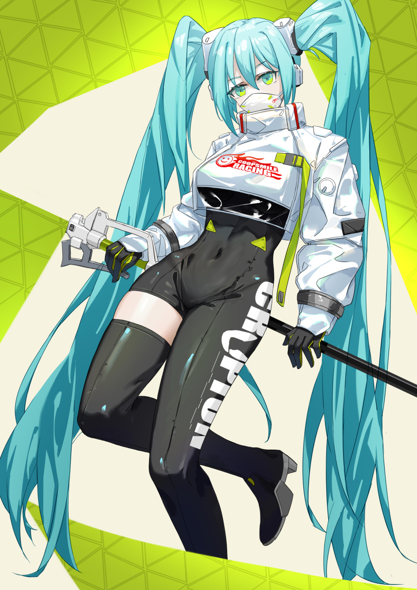 1girl absurdres aqua_hair asymmetrical_bodysuit black_bodysuit black_footwear black_gloves black_thighhighs bodysuit boots commentary covered_mouth covered_navel cropped_jacket flag full_body gloves goodsmile_racing green_background green_gloves hatsune_miku high_heels highres holding holding_flag jacket lilin_(pixiv_25958194) long_hair long_sleeves looking_at_viewer mask mouth_mask race_queen racing_miku racing_miku_(2022) single_thigh_boot single_thighhigh solo thigh_boots thighhighs triangle_background twintails two-tone_gloves very_long_hair vocaloid white_jacket