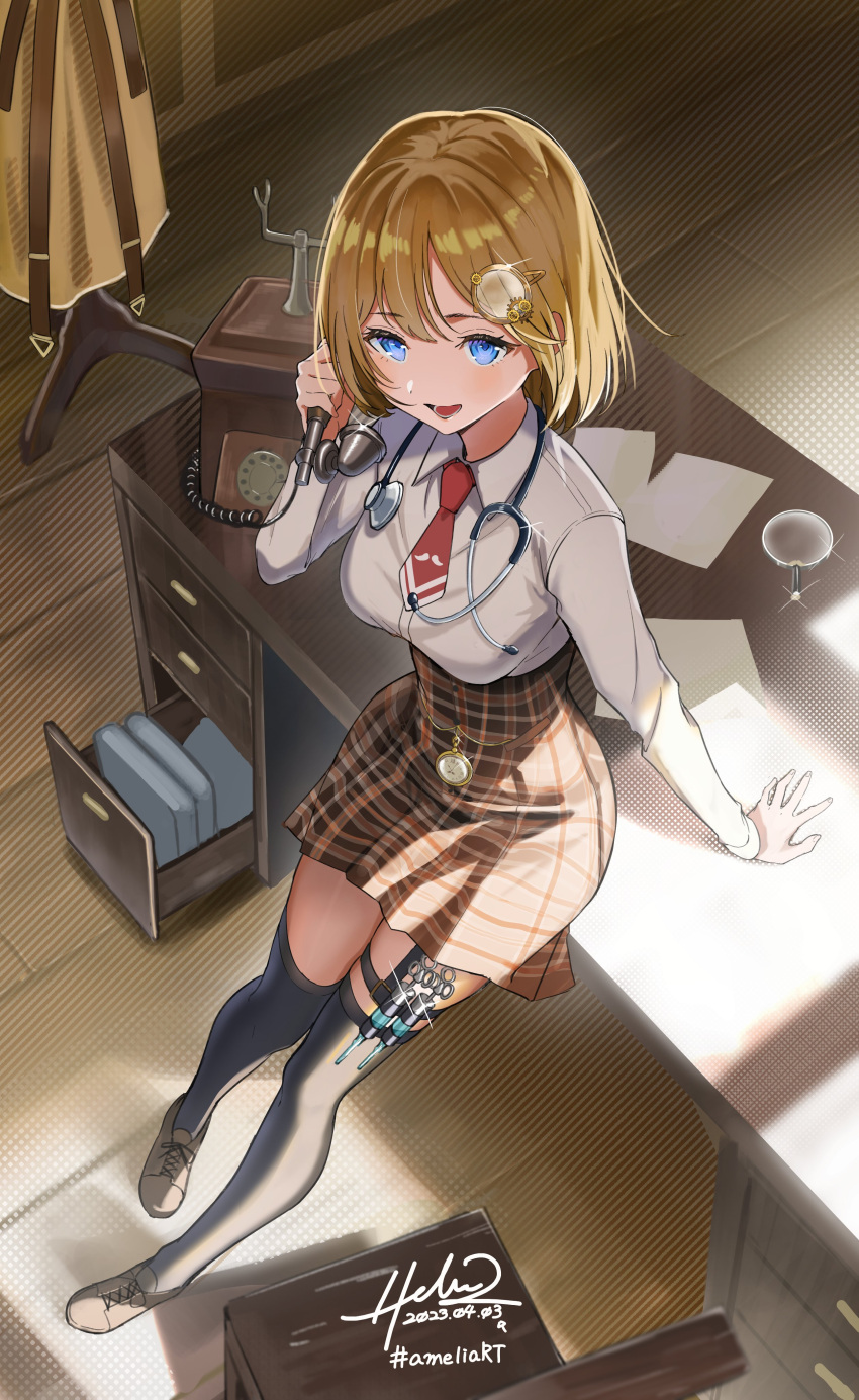 1girl :d absurdres blonde_hair blue_eyes corded_phone desk from_above hair_ornament high-waist_skirt highres holding holding_phone hololive hololive_english hz_(helu_2) indoors monocle_hair_ornament phone plaid plaid_skirt shoes short_hair signature skirt smile solo stethoscope thigh_strap thighhighs virtual_youtuber watson_amelia