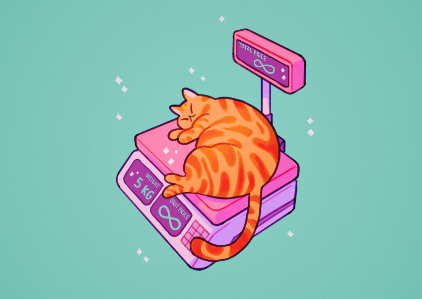 absurdres animal animal_focus aqua_background cat closed_eyes english_text full_body highres infinity_symbol lying meyoco no_humans on_side orange_cat original simple_background sparkle tail weighing_scale