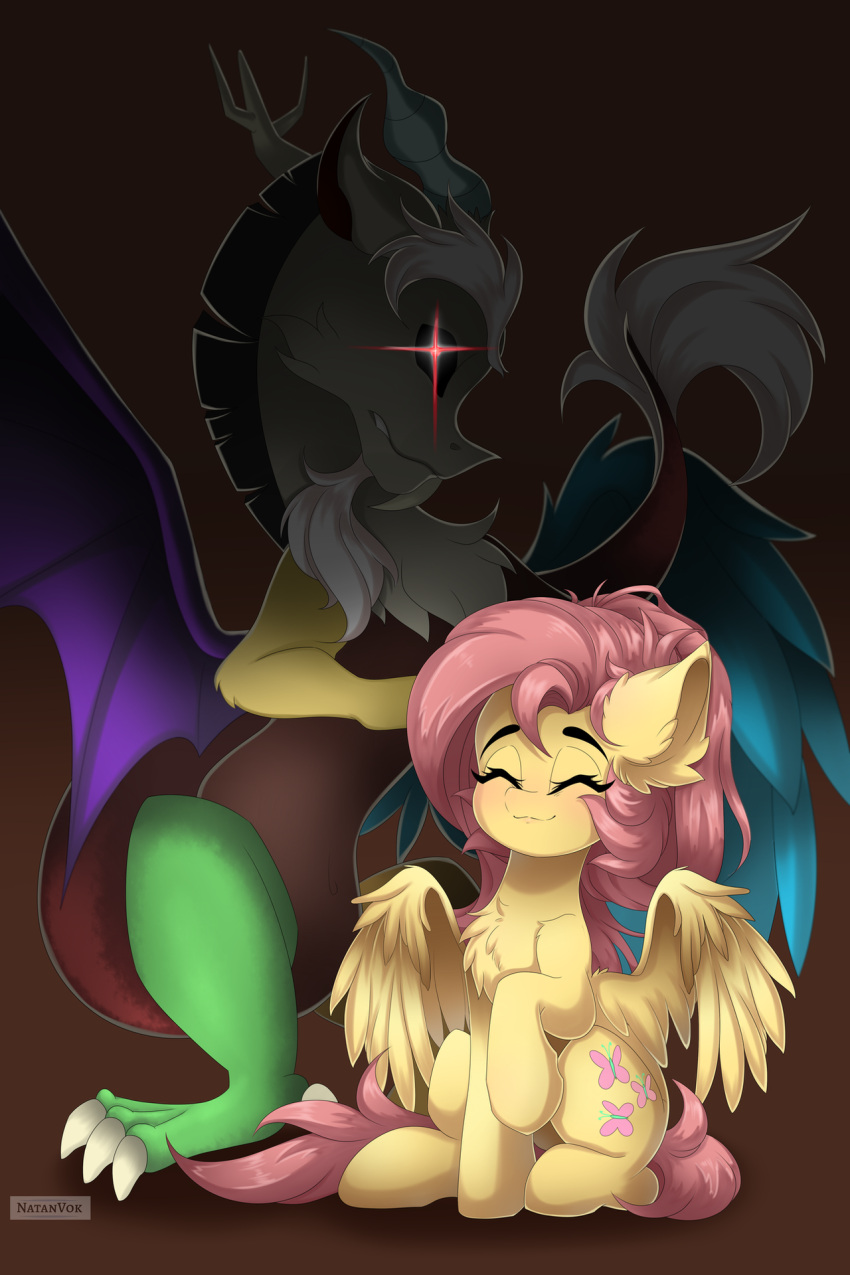 2023 3_toes antlers bat_wings beard black_hair blue_body blue_feathers blue_wings brown_body brown_fur chest_tuft chimera claws cutie_mark digital_media_(artwork) discord_(mlp) draconequus duo equid equine eyebrows eyelashes eyes_closed facial_hair fangs feathered_wings feathers feet female feral fluttershy_(mlp) friendship_is_magic fur green_body grey_body grey_fur hair hasbro hi_res horn male mammal membrane_(anatomy) membranous_wings multicolored_body multicolored_fur my_little_pony natanvok pegasus pink_hair pink_tail purple_wings red_tail tail tail_tuft teeth thick_eyebrows toe_claws toes tuft wings yellow_body yellow_feathers yellow_fur