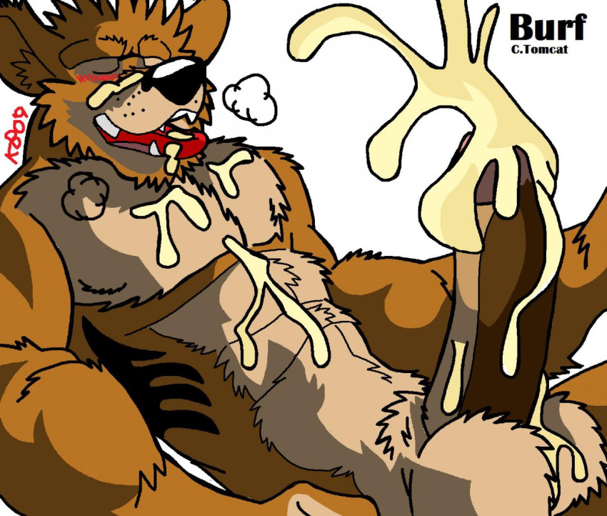 2009 abs anthro balls bear blush bodily_fluids brown_bear burf_bear cum cum_on_chest cum_on_face cum_on_own_chest cum_on_own_face cum_on_own_tongue cum_on_self cum_on_tongue cumshot ejaculation english_text erection featureless_chest furry_balls genital_fluids genitals grizzly_bear humanoid_genitalia humanoid_penis male mammal muscular muscular_male pecs penis racthetmechanic signature simple_background solo text tongue ursine white_background