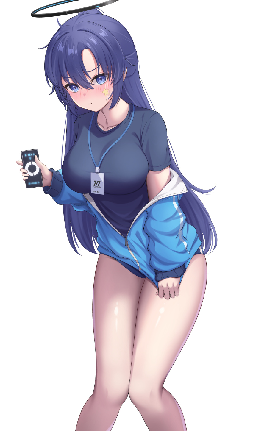 1girl absurdres black_shirt blue_archive blue_buruma blue_eyes blue_hair blue_jacket blush breasts buruma cello cellphone closed_mouth collarbone commentary_request dutch_angle facial_mark feet_out_of_frame hair_between_eyes halo highres holding holding_phone instrument jacket knees_together_feet_apart lanyard large_breasts long_hair long_sleeves looking_at_viewer neko_punch_(user_hddm3373) nose_blush off_shoulder open_clothes open_jacket parted_bangs phone puffy_long_sleeves puffy_sleeves shirt short_sleeves simple_background sleeves_past_wrists smartphone solo star_(symbol) thighs track_jacket very_long_hair white_background yuuka_(blue_archive) yuuka_(track)_(blue_archive)