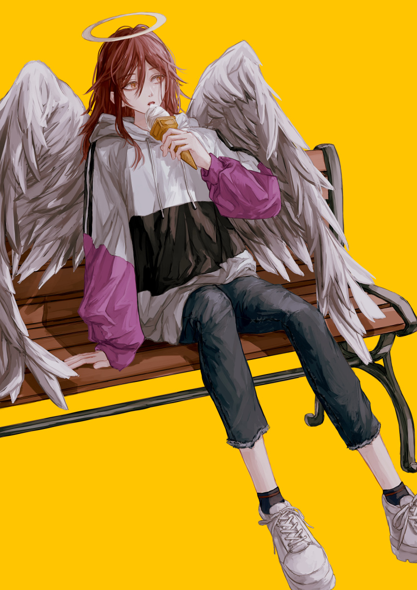 1boy angel angel_devil_(chainsaw_man) angel_wings bench black_socks blonde_hair brown_eyes chainsaw_man hair_between_eyes halo highres holding_ice_cream hood hoodie long_hair looking_to_the_side multicolored_clothes multicolored_hoodie nehitsuji simple_background sitting socks solo tongue tongue_out white_footwear white_wings wings yellow_background