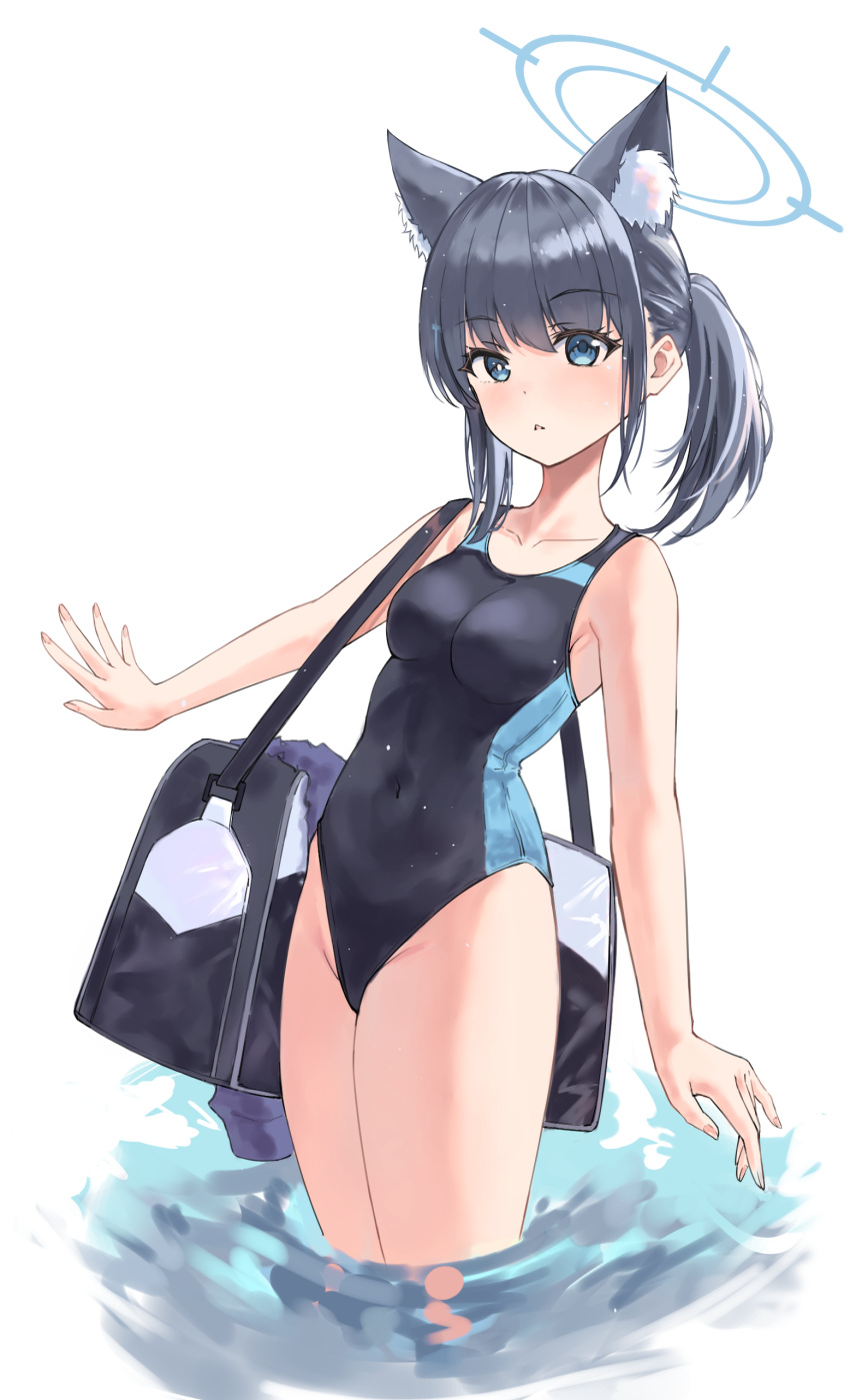 1girl absurdres animal_ear_fluff animal_ears bag black_one-piece_swimsuit blue_archive blue_eyes breasts competition_swimsuit covered_navel cross_hair_ornament extra_ears grey_hair hair_ornament halo highres leaning_back looking_at_viewer low_ponytail medium_breasts medium_hair mismatched_pupils miyuan multicolored_clothes multicolored_swimsuit official_alternate_costume one-piece_swimsuit shiroko_(blue_archive) shiroko_(swimsuit)_(blue_archive) simple_background solo standing swimsuit wading water white_background wolf_ears