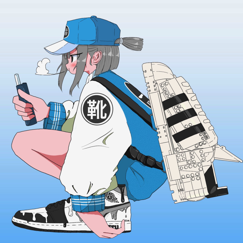 1girl air_jordan backpack bag baseball_cap blowing_smoke blue_headwear blue_jacket electronic_cigarette eyes_visible_through_hair from_side full_body gradient_background grey_hair hat highres holding jacket lego light_blue_background long_sleeves nao97122 original print_jacket profile shoes short_hair short_ponytail sidelocks sneakers solo squatting vaping white_footwear white_sleeves