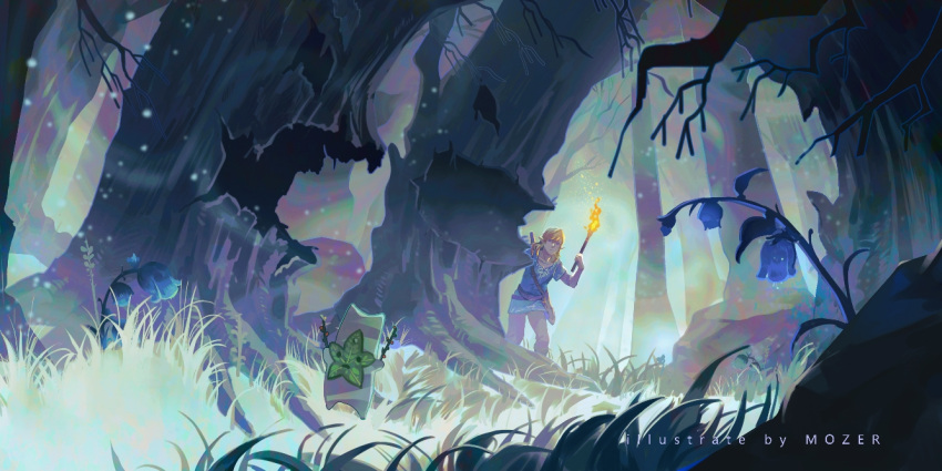 blue_tunic commentary fog forest grass holding holding_torch korok light_brown_hair link mozer_(zerlinda) nature scenery sword sword_on_back the_legend_of_zelda the_legend_of_zelda:_breath_of_the_wild torch tree weapon weapon_on_back wide_shot