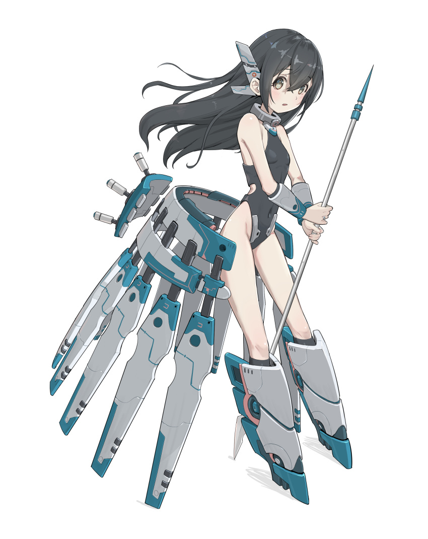 1girl absurdres black_hair black_leotard blush breasts full_body hair_between_eyes hano_(1507197602) headgear highres holding holding_polearm holding_weapon leotard long_hair looking_at_viewer machinery mecha_musume mechanical_boots original parted_lips polearm simple_background small_breasts solo spear straight_hair weapon white_background yellow_eyes