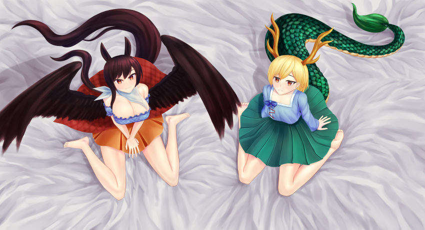 absurdres antlers bandana black_wings blue_shirt dragon_girl dragon_horns dragon_tail feathered_wings highres horns horse_tail kicchou_yachie kurokoma_saki mikotouca off-shoulder_shirt off_shoulder pegasus_wings shirt square_neckline tail touhou white_bandana wings yellow_horns