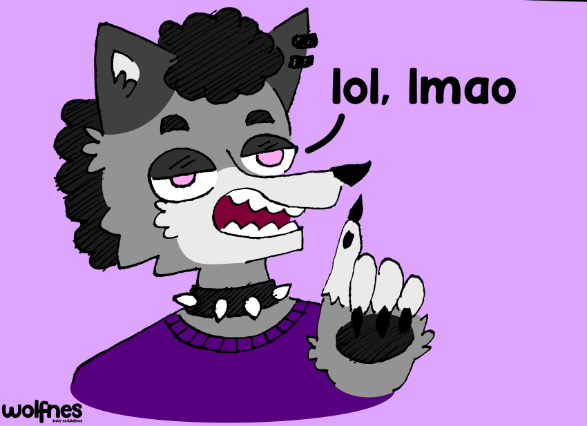 4_fingers absurd_res anthro black_ear_piercing black_hair black_nails black_pawpads canid canine canis clothing collar colored_nails digital_drawing_(artwork) digital_media_(artwork) ear_piercing english_text esteban_(wolfnes) fingers fur grey_body grey_fur hair hi_res male mammal nails pawpads piercing purple_background purple_clothing purple_eyes purple_sweater purple_topwear simple_background solo spiked_collar spikes sweater teeth_showing text topwear watermark wolf wolfnes