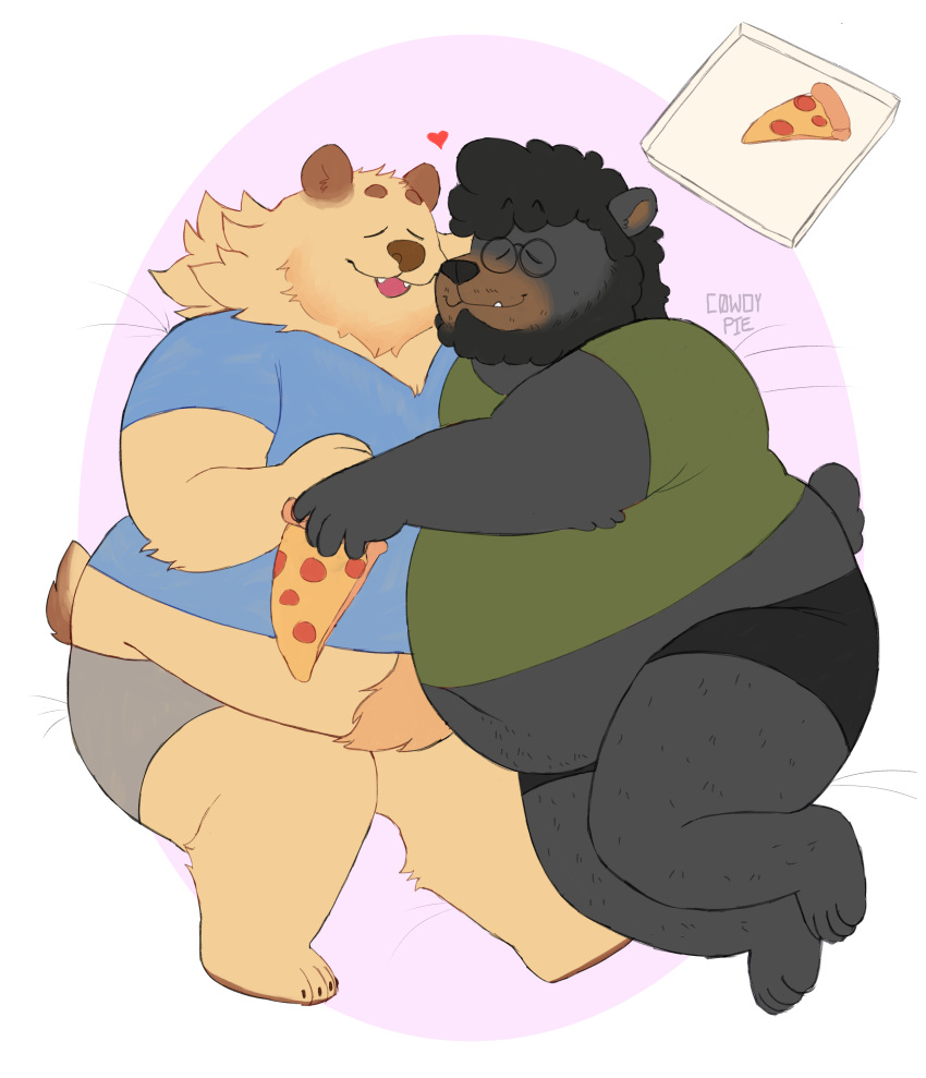 &lt;3 absurd_res anthro bear body_hair brum cowdypie cuddling duo eyes_closed eyewear food glasses hi_res male male/male mammal overweight overweight_male pizza simple_background steve_jovonovich