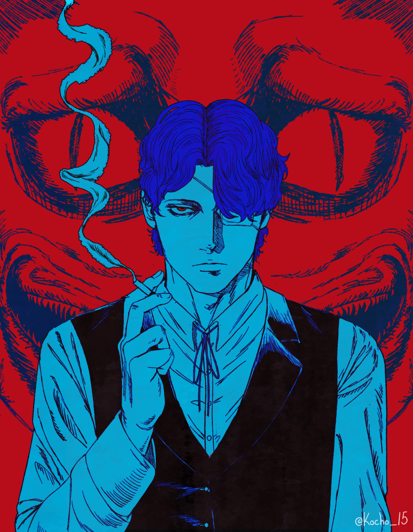 1boy absurdres blue_hair cigarette daan_(fear_&amp;_hunger) eyepatch fear_&amp;_hunger fear_&amp;_hunger_2:_termina highres holding holding_cigarette kocho_15 limited_palette long_sleeves looking_at_viewer male_focus neck_ribbon pocketcat_(fear_&amp;_hunger) red_background red_eyes ribbon shirt short_hair smoke twitter_username upper_body