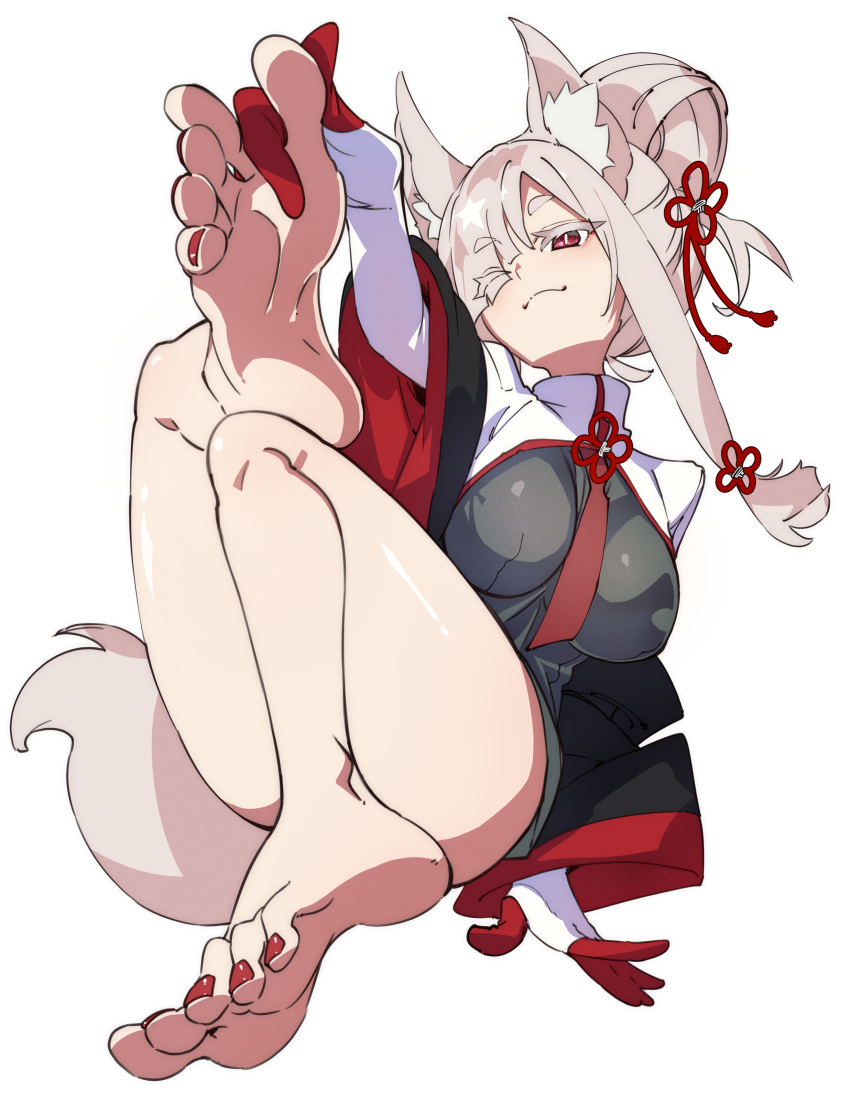 1girl absurdres animal_ear_fluff animal_ears barefoot blush breasts closed_mouth commission convenient_leg dress eyelashes feet folded_ponytail foot_up foreshortening fox_ears fox_girl fox_tail full_body gloves grey_dress grey_hair hair_ornament hair_over_one_eye highres impossible_clothes large_breasts leaning_back long_sleeves looking_at_viewer nail_polish one_eye_closed original parted_bangs pixiv_commission red_eyes red_nails short_eyebrows simple_background soles solo tail thick_eyebrows thighs toenail_polish toenails toes ushiki_yoshitaka white_background wide_sleeves