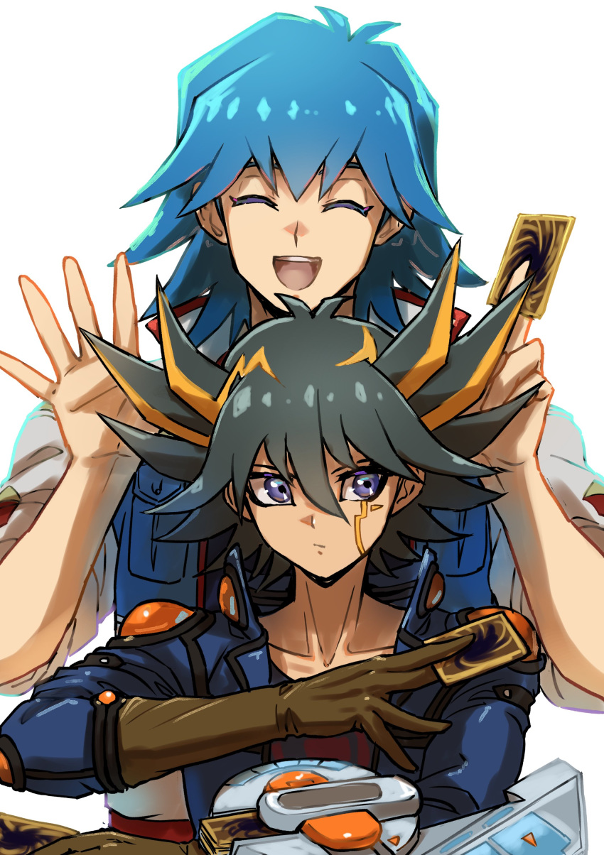 2boys absurdres black_hair blue_eyes blue_hair blue_jacket brown_gloves bruno_(yu-gi-oh!) card closed_eyes duel_disk elbow_pads expressionless facial_mark facial_tattoo fudou_yuusei gloves hands_up high_collar highres holding holding_card jacket looking_to_the_side male_focus marking_on_cheek multicolored_hair multiple_boys open_mouth short_hair shoulder_pads simple_background smile spiked_hair standing streaked_hair tattoo trading_card upper_body white_background youko-shima yu-gi-oh! yu-gi-oh!_5d's