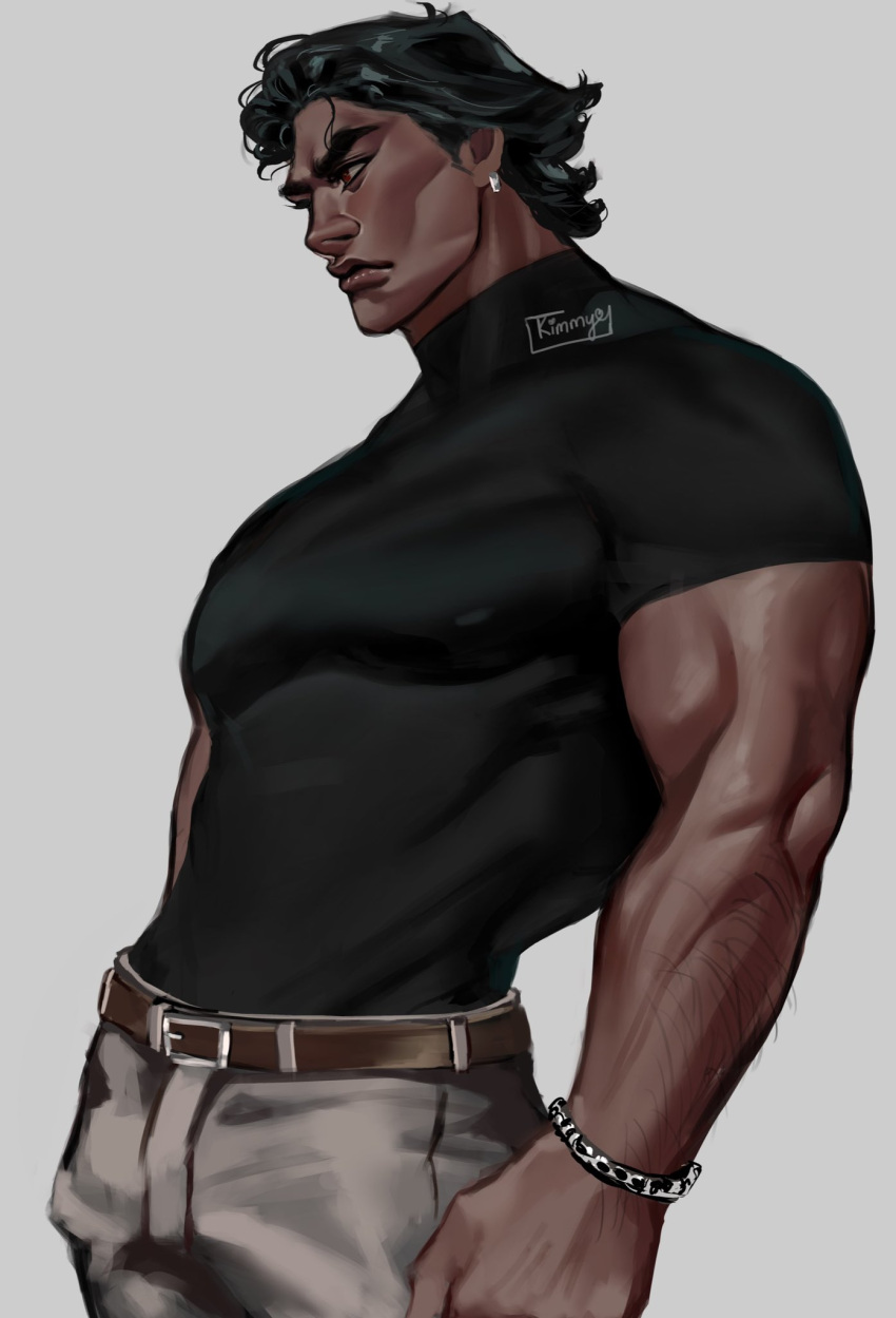 1boy arm_hair bara broad_shoulders dark-skinned_male dark_skin feet_out_of_frame frown hair_slicked_back highres large_pectorals looking_ahead male_focus marvel mature_male miguel_o'hara muscular muscular_male pectorals shirt short_hair sideburns solo spider-man:_across_the_spider-verse spider-man_(series) thick_eyebrows thick_lips tight_clothes tight_shirt