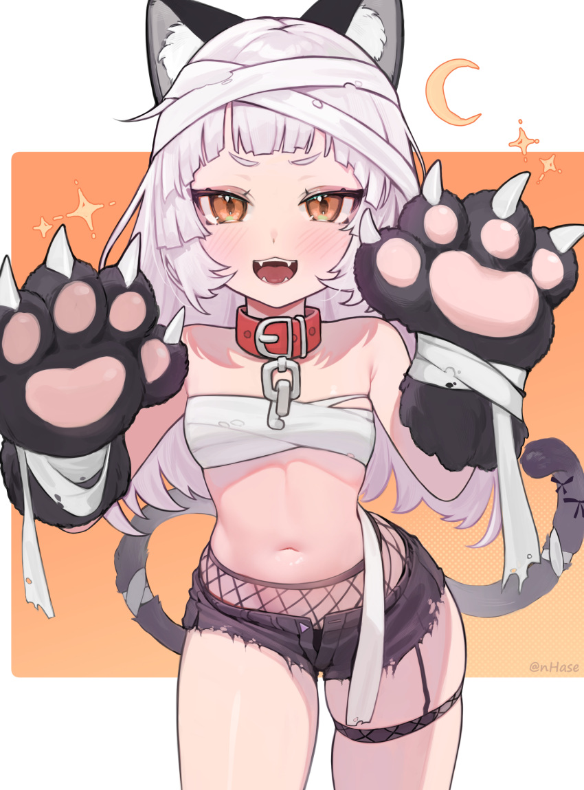 1girl :3 absurdres animal_collar animal_ears animal_hands bandaged_head bandaged_tail bandages bare_shoulders black_shorts broken broken_chain cat_ears cat_tail chain chest_sarashi collar commentary_request cowboy_shot crescent fake_animal_ears fake_tail fangs fishnets flat_chest garter_straps gloves grey_hair hands_up highres hololive hoshi_usagi light_blush long_hair looking_at_viewer murasaki_shion navel open_fly open_mouth orange_background paw_gloves red_collar sarashi short_eyebrows short_shorts shorts sidelocks single_garter_strap smile solo star_(symbol) stomach tail teeth thigh_strap two-tone_background v-shaped_eyebrows virtual_youtuber white_background yellow_eyes