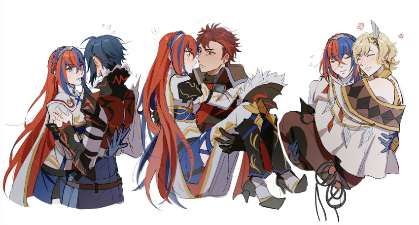 2boys 2girls alcryst_(fire_emblem) alear_(female)_(fire_emblem) alear_(fire_emblem) bare_shoulders black_gloves blonde_hair blue_eyes blue_hair blush carrying citrinne_(fire_emblem) closed_mouth diamant_(fire_emblem) earrings feather_hair_ornament feathers fire_emblem fire_emblem_engage gloves hair_between_eyes hair_ornament heterochromia highres hoop_earrings jewelry long_hair long_sleeves looking_at_another multicolored_hair multiple_boys multiple_girls oratoza princess_carry red_eyes red_hair shirt shoes short_hair skirt tiara two-tone_hair very_long_hair white_background white_shirt