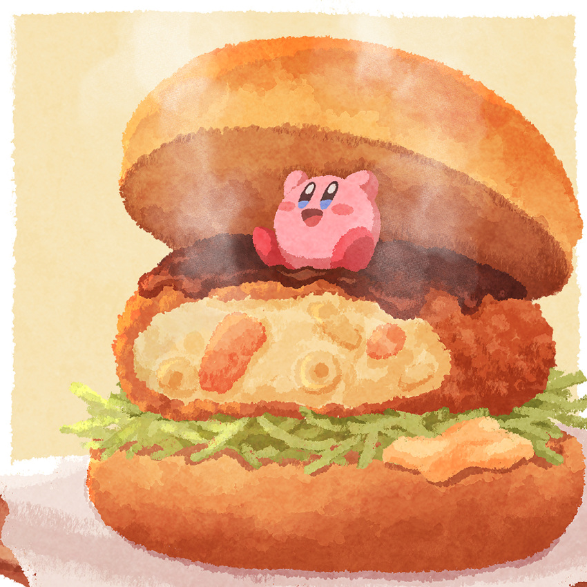 :d blush_stickers burger food food_focus kirby kirby_(series) lettuce meat miclot no_humans open_mouth sauce smile steam