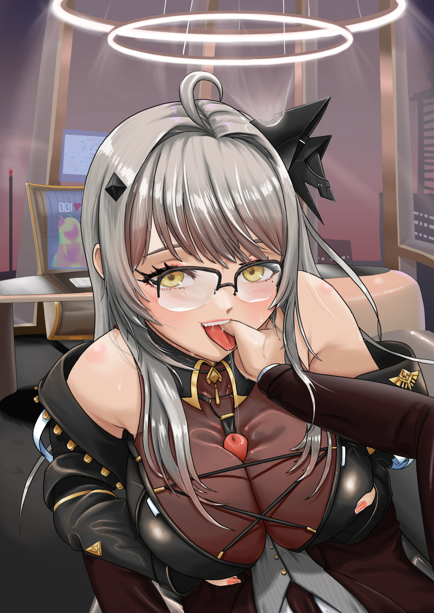 1girl absurdres ahoge alternate_eye_color athletic_leotard black_jacket black_necktie breasts buttons cleavage covered_collarbone desk finger_in_another's_mouth glasses google_maps grey_hair grey_vest hair_ornament halo highres indie_virtual_youtuber jacket jiis4edit large_breasts leotard long_hair mole mole_under_eye necktie off_shoulder onolumi_(vtuber) paizuri paizuri_over_clothes penis pink_nails saliva semi-rimless_eyewear striped striped_vest suit tongue vertical-striped_vest vertical_stripes vest virtual_youtuber yellow_eyes