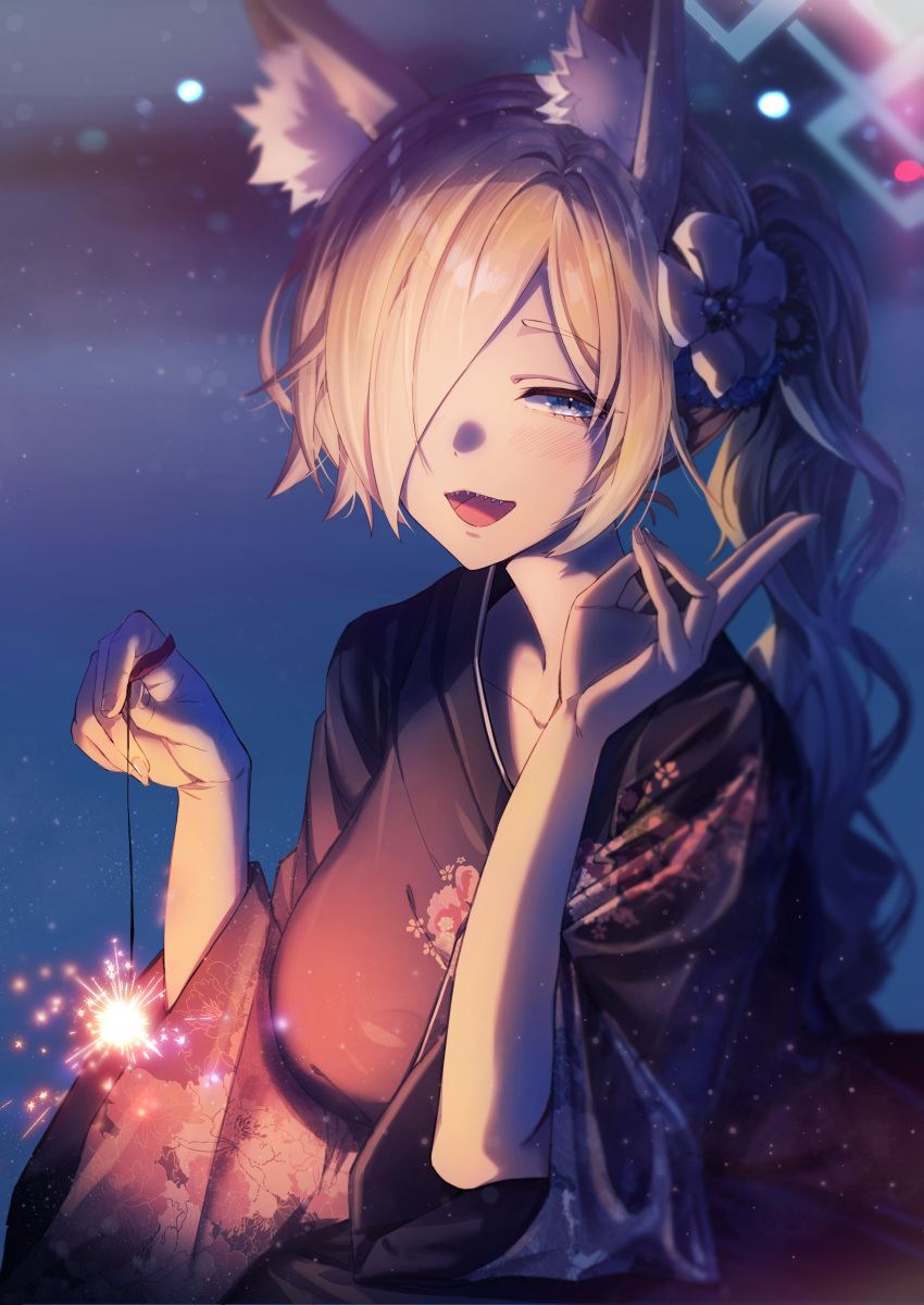 absurdres animal_ear_fluff animal_ears asymmetrical_bangs black_kimono blonde_hair blue_archive blush breasts fireworks floral_print flower fox_ears hair_flower hair_ornament hair_over_one_eye halo highres holding_fireworks japanese_clothes kanna_(blue_archive) kimono large_breasts long_bangs looking_at_viewer official_alternate_costume one_eye_covered ponytail smile sparkler sumutemu v wavy_hair yukata