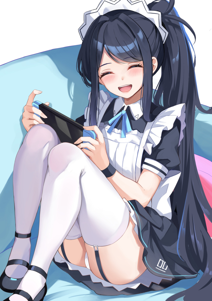 1girl apron aris_(blue_archive) aris_(maid)_(blue_archive) ass black_dress black_footwear blue_archive closed_eyes couch dress garter_straps hairband highres konka long_hair maid_headdress nintendo_switch numbered official_alternate_costume on_couch open_mouth panties parted_bangs playing_games ponytail simple_background solo teeth thighhighs tongue underwear upper_teeth_only very_long_hair white_apron white_background white_hairband white_panties white_thighhighs