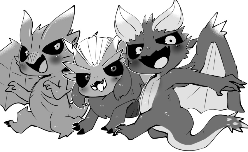 black_sclera blush capcom chibi claws doneru elder_dragon fangs feral fur greyscale group hi_res horn kushala_daora looking_at_viewer male monochrome monster_hunter nergigante scales simple_background smile spiked_tail spikes spikes_(anatomy) teeth teostra trio tusks white_background wings