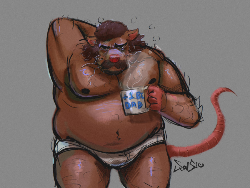 2023 anthro belly big_belly brown_body bulge clothing facial_hair hi_res humanoid_hands male mammal master_splinter mature_male moobs mug murid murine mustache nipples overweight overweight_male rat rodent simple_background smollsaid solo teenage_mutant_ninja_turtles underwear