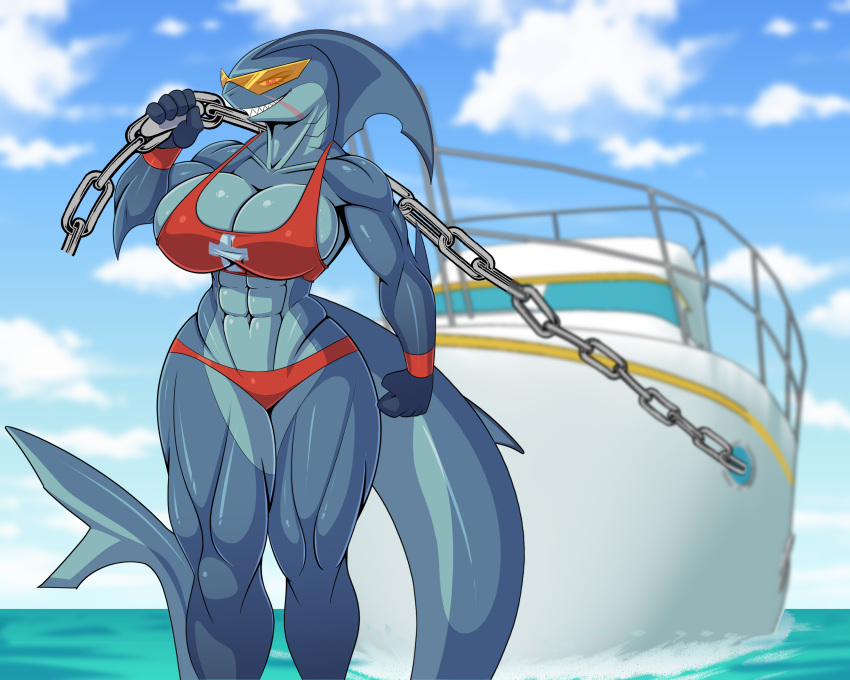 abs absurd_res anthro big_breasts bikini boat breasts chain cleavage clothed clothing eyewear female fin fish hi_res huge_breasts katanasmirk lifeguard lifeguard_swimsuit marine muscular muscular_female scar sea shark sheila_(katanasmirk) sky smile solo sunglasses swimwear teeth vehicle water watercraft