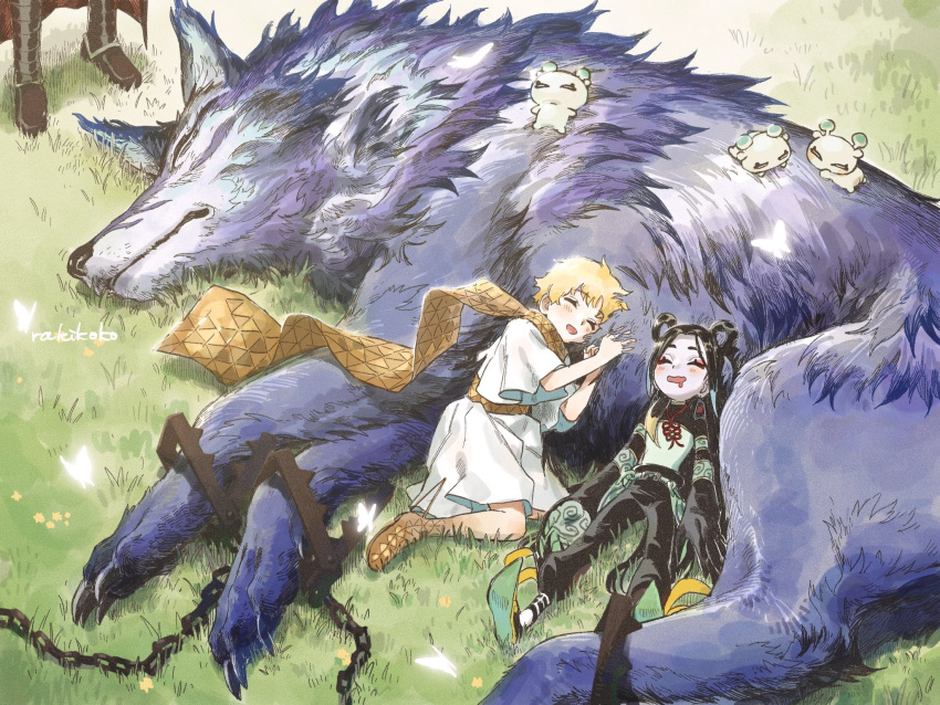 artist_name black_hair blonde_hair boots bug butterfly cape chain closed_eyes drooling fate/grand_order fate_(series) grass hair_rings hessian_(fate) highres kon_(fate) lobo_(fate) lying_on_animal on_grass rakikoko scarf sleeping taisui_xingjun_(fate) voyager_(fate)