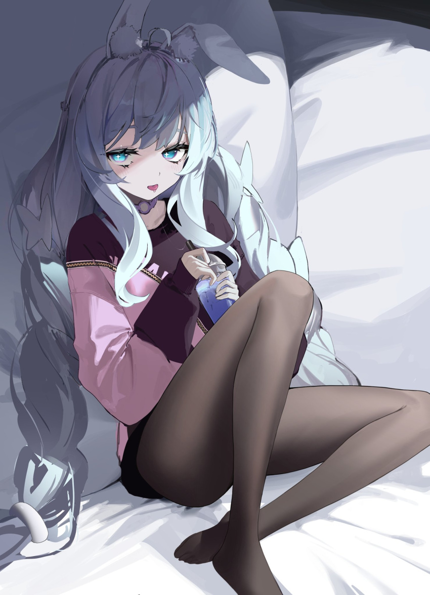 1girl animal_ear_fluff animal_ears azur_lane black_pantyhose blue_eyes blue_lips blush braid choker cup disposable_cup drinking_straw english_commentary fake_animal_ears highres holding holding_cup le_malin_(azur_lane) long_hair long_sleeves looking_at_viewer low_twin_braids mark_jin pantyhose saliva saliva_trail sitting solo tongue twin_braids very_long_hair
