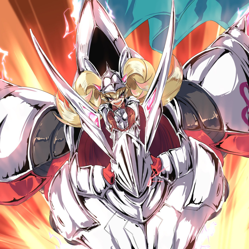 1girl armor blonde_hair botda breastplate character_request eye_trail helmet highres light_trail long_hair open_mouth red_eyes riding robot shoulder_armor solo twintails yu-gi-oh!