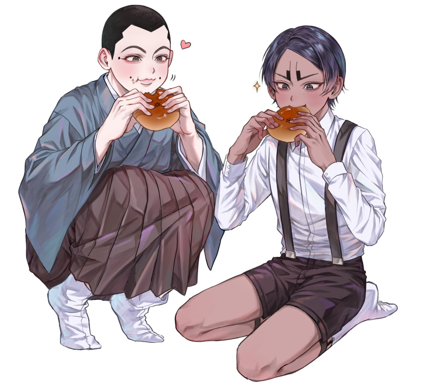 2boys absurdres aged_down anpan black_hair black_shorts blue_kimono brown_hakama buzz_cut dark-skinned_male dark_skin food golden_kamuy hakama highres japanese_clothes kimono koito_otonoshin multiple_boys panic_0525 short_hair shorts sitting socks squatting suspenders usami_tokishige very_short_hair white_background white_socks