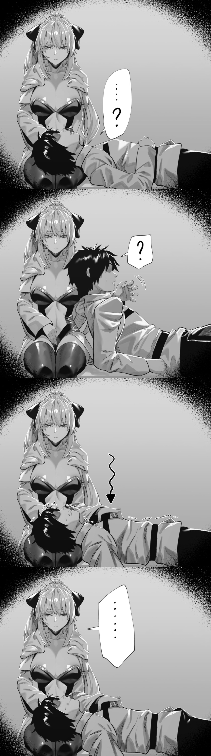 ... 1boy 1girl ? absurdres arrow_(symbol) breasts cleavage closed_mouth collarbone fate/grand_order fate_(series) fujimaru_ritsuka_(male) greyscale highres hxd lap_pillow large_breasts long_hair looking_at_another lying monochrome morgan_le_fay_(fate) on_back short_hair sitting spoken_ellipsis spoken_question_mark wariza
