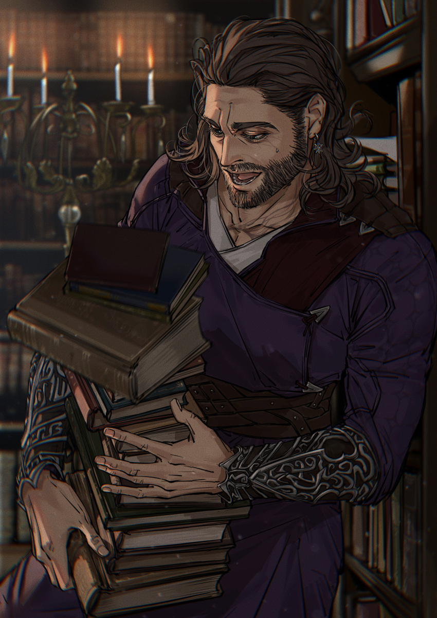 1boy absurdres baldur's_gate baldur's_gate_3 beard_stubble book book_stack bracer brown_hair candlestand dungeons_and_dragons earrings feet_out_of_frame gale_(baldur's_gate) highres holding_too_many_things jewelry male_focus mature_male medium_hair mustache_stubble nyeigneous pectorals solo thick_eyebrows
