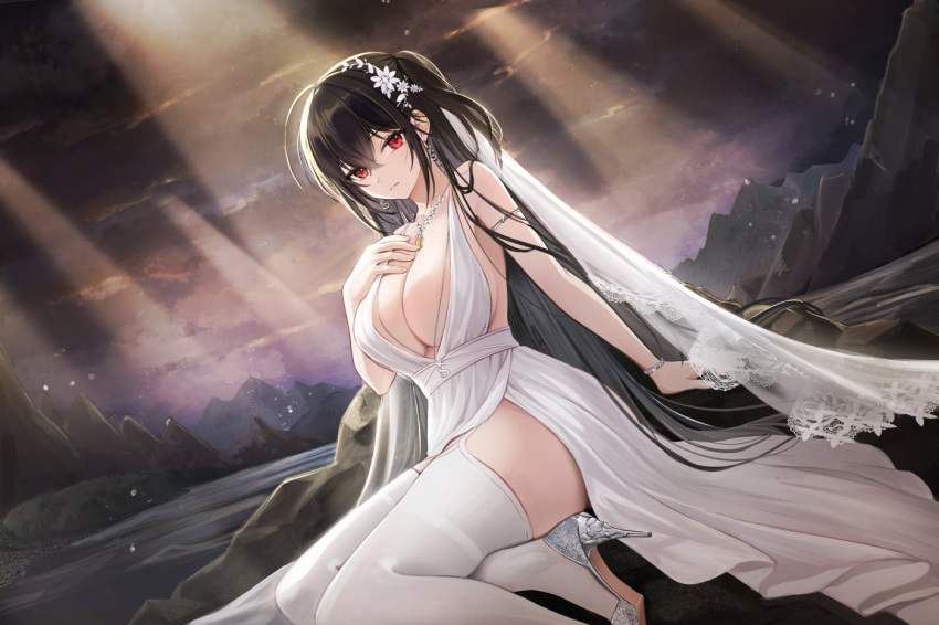 1girl azur_lane backless_dress backless_outfit bare_shoulders black_hair breasts center_opening cleavage closed_mouth cocktail_dress commentary crossed_bangs dress earrings flower garter_straps hair_between_eyes hair_flower hair_ornament hand_on_own_chest high_heels jewelry large_breasts light_rays light_smile long_hair looking_at_viewer loose_hair_strand necklace official_alternate_costume outdoors plus1024 red_eyes satin_dress see-through sleeveless sleeveless_dress smile solo taihou_(azur_lane) taihou_(temptation_on_the_sea_breeze)_(azur_lane) thighhighs very_long_hair wedding_dress white_dress white_flower white_garter_straps white_thighhighs