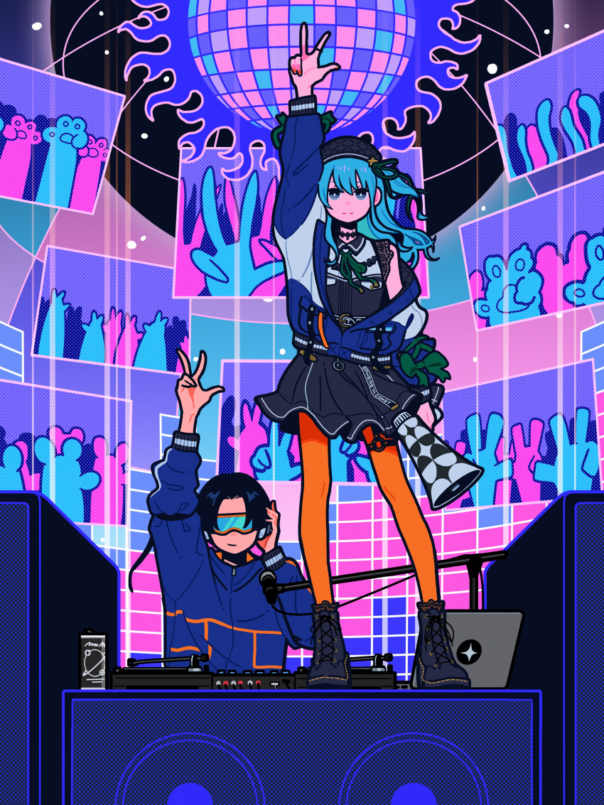 1boy 1girl absurdres amplifier aqua_eyes aqua_hair arm_up black_footwear black_headwear blue_jacket bright_pupils computer disco_ball hat highres hololive hoshimachi_suisei jacket laptop long_hair looking_at_viewer megaphone microphone midnight_grand_orchestra off_shoulder orange_pantyhose pantyhose real_life shoes standing taku_inoue white_pupils yoshi_mi_yoshi