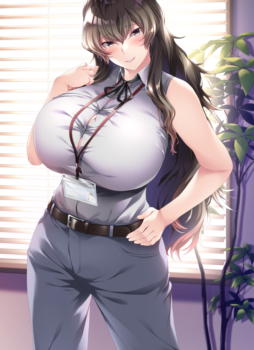 1girl absurdres belt black_eyes black_hair blinds breasts bursting_breasts cowboy_shot dakikano dress_shirt grey_pants hair_between_eyes hand_on_own_hip highres huge_breasts impossible_clothes indoors leaf long_hair looking_at_viewer mature_female mdf_an name_tag official_art pants shirt sidelocks sleeveless sleeveless_shirt solo standing very_long_hair white_shirt window