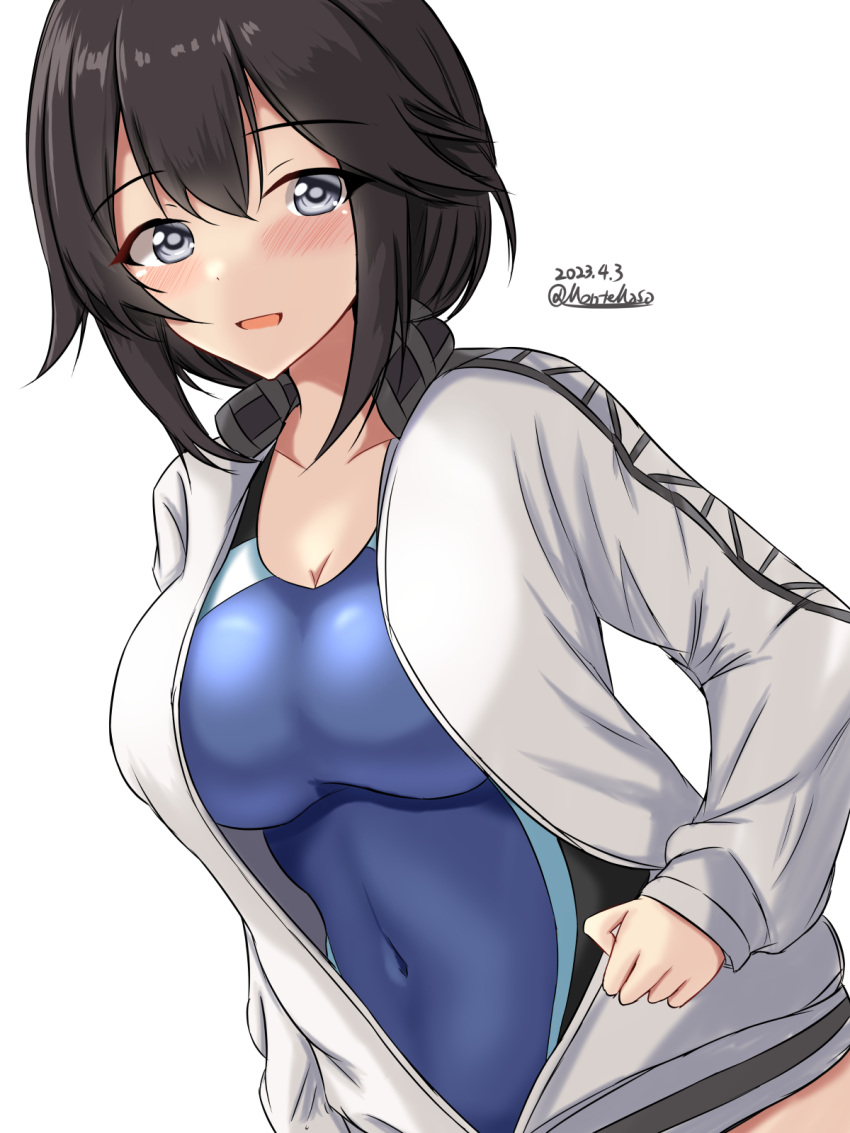 1girl black_hair blush breasts competition_swimsuit covered_navel cowboy_shot dated grey_eyes hayasui_(kancolle) highres jacket kantai_collection large_breasts looking_at_viewer montemasa one-piece_swimsuit open_mouth short_hair simple_background smile solo swimsuit swimsuit_under_clothes track_jacket twitter_username white_background zipper