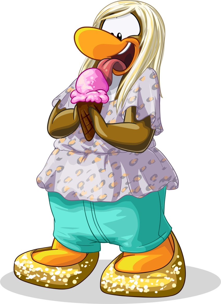 absurd_res avian bird blonde_hair blue_bottomwear blue_clothing blue_pants bottomwear clothing club_penguin dessert female food footwear full-length_portrait gold_footwear hair hi_res holding_food holding_ice_cream holding_object ice_cream licking_ice_cream long_hair official_art open_mouth pants penguin portrait shirt shoes short_sleeved_shirt solo tongue tongue_out topwear unknown_artist upper_teeth_only white_clothing white_shirt white_topwear