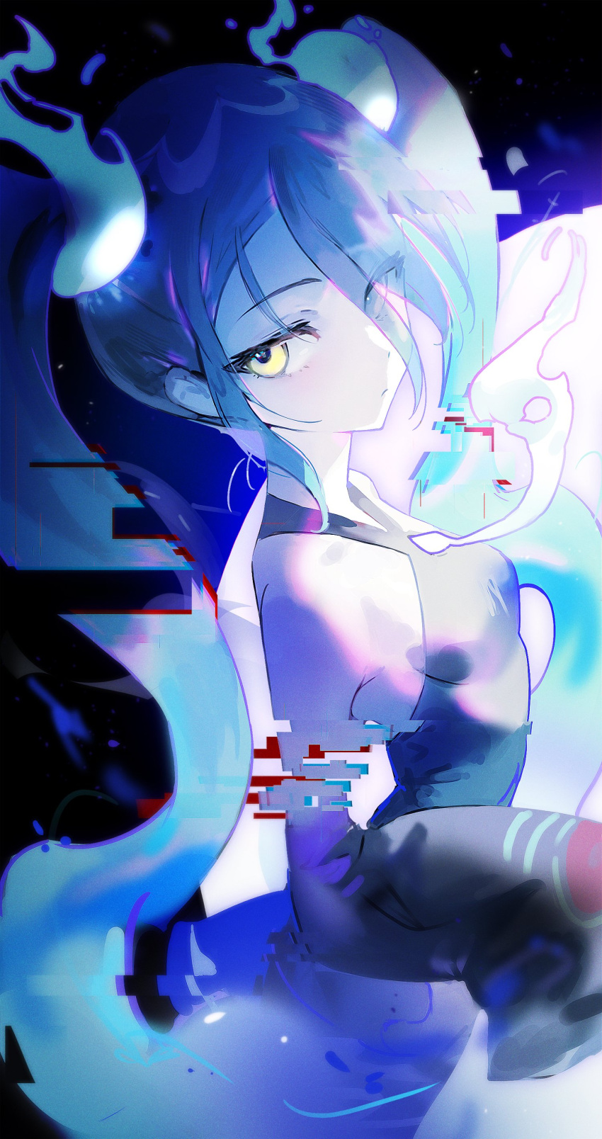 1girl absurdres bare_shoulders black_sleeves blue_hair breasts chromatic_aberration closed_mouth commentary detached_arm detached_sleeves ghost_miku_(project_voltage) glitch glowing hair_between_eyes hatsune_miku highres long_hair looking_at_viewer pale_skin pokemon print_sleeves project_voltage see-through see-through_skirt sideboob skirt sleeves_past_fingers sleeves_past_wrists small_breasts solo soyoong_jun twintails very_long_hair vocaloid will-o'-the-wisp_(mythology) yellow_eyes