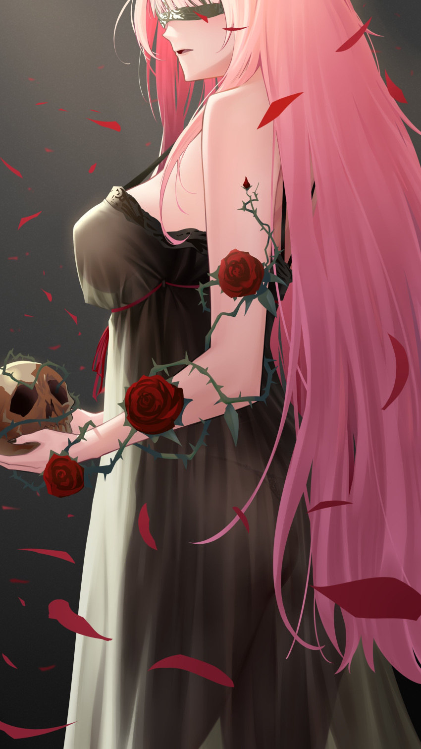 1girl absurdres ass black_blindfold black_dress black_nails blindfold breasts dress falling_petals flower highres hololive hololive_english large_breasts long_hair mori_calliope panties_visible_through_clothes parted_lips petals red_flower red_rose rose skull solo somebody_(leiking00) strap_gap thorns very_long_hair virtual_youtuber