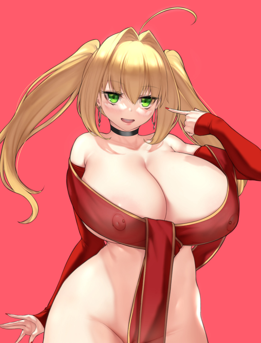 1girl ahoge aster_crowley blonde_hair blush breasts covered_nipples fate/extra fate_(series) green_eyes hair_intakes highres huge_breasts long_hair looking_at_viewer nero_claudius_(fate) nero_claudius_(fate/extra) smile solo twintails