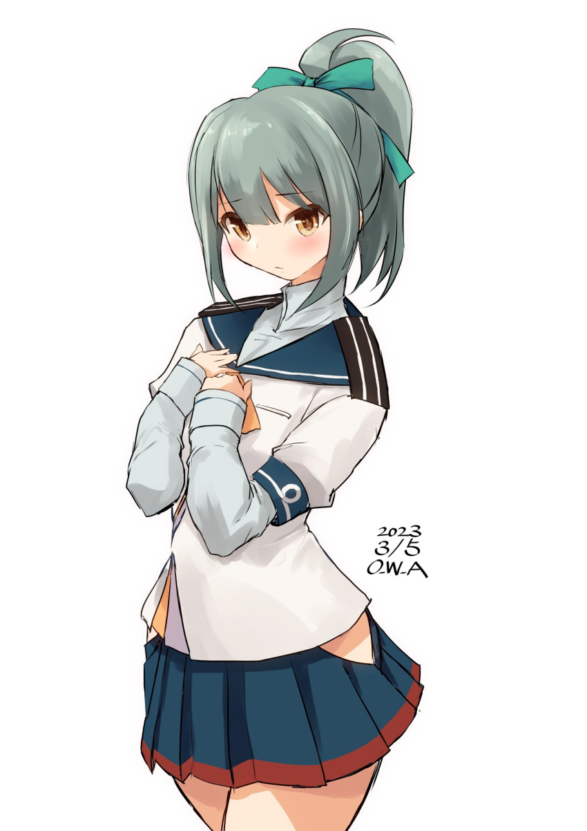 1girl akashi_(kancolle) akashi_(kancolle)_(cosplay) artist_name blue_ribbon blue_sailor_collar blue_skirt brown_eyes cosplay dated epaulettes grey_hair highres hip_vent kantai_collection long_hair looking_at_viewer one-hour_drawing_challenge owa_(ishtail) ponytail ribbon sailor_collar school_uniform serafuku simple_background skirt solo white_background yuubari_(kancolle)