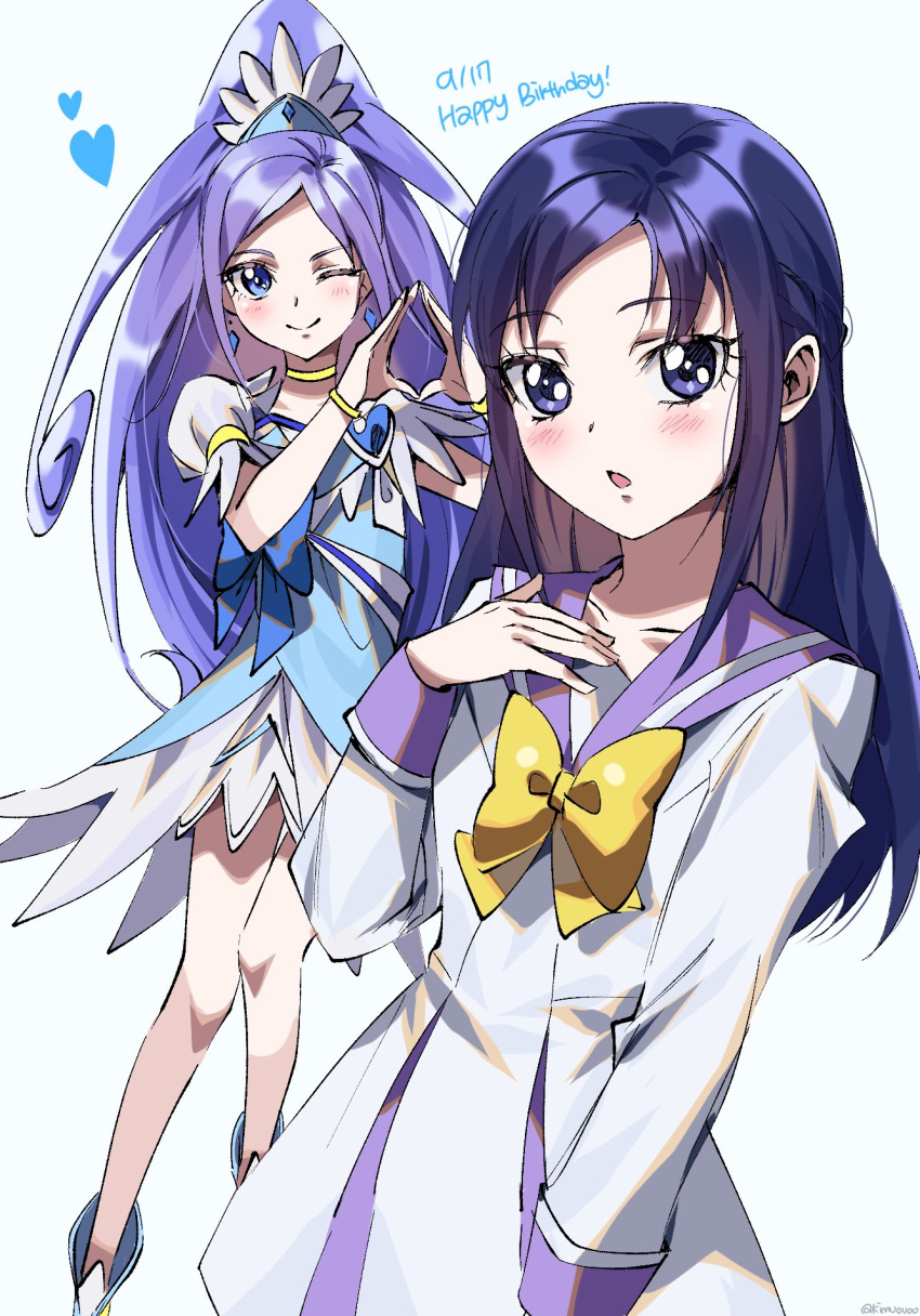 1girl blue_bow blue_dress blue_eyes blue_hair blush bow bracelet braid brooch choker crystal_earrings cure_diamond dated diamond_hands dokidoki!_precure dress dual_persona earrings hair_ornament half_updo happy_birthday heart heart_brooch high_ponytail highres hishikawa_rikka jewelry kimuouoo long_hair magical_girl oogai_daiichi_middle_school_uniform open_mouth ponytail precure sailor_collar school_uniform short_sleeves side_braid simple_background smile solo waist_bow white_background wide_ponytail yellow_choker