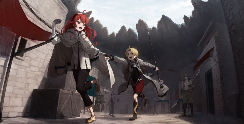 ahoge black_pants black_shirt blonde_hair blue_sky box building capelet cart cliff eris_greyrat green_eyes hairband highres holding holding_hands holding_polearm holding_staff holding_weapon house long_hair mushoku_tensei nekoreito open_mouth outdoors pants polearm red_eyes red_hair red_shorts rudeus_greyrat ruijerd_superdia running shirt short_hair shorts sky staff tent town weapon white_capelet white_shirt