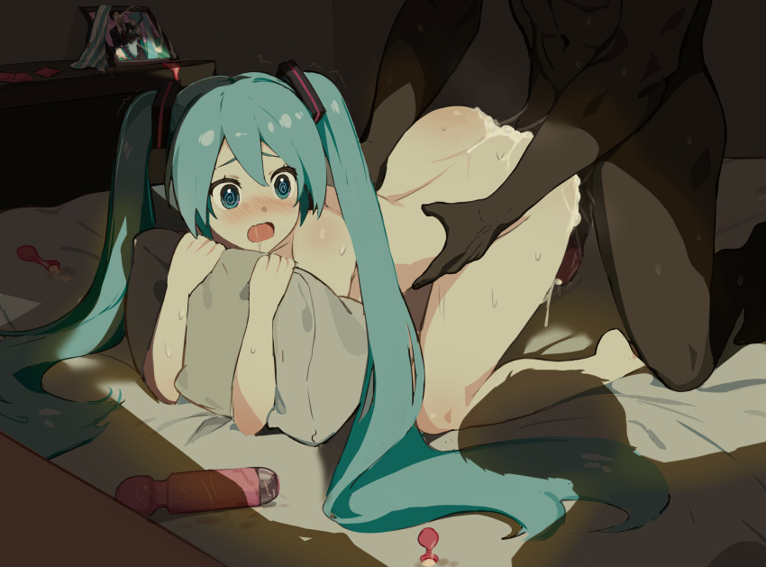 1girl 2boys @_@ after_sex after_vaginal all_fours ass blue_eyes blue_hair blush completely_nude condom cum cum_on_ass dark-skinned_male dark_skin doggystyle full_body hatsune_miku hetero highres indoors interracial kneeling long_hair looking_at_another multiple_boys netorare nose_blush nude object_hug open_mouth photo_(object) pillow pillow_hug rea_loixacra sex_toy solo_focus torso_grab twintails used_condom very_long_hair vibrator vocaloid walk-in