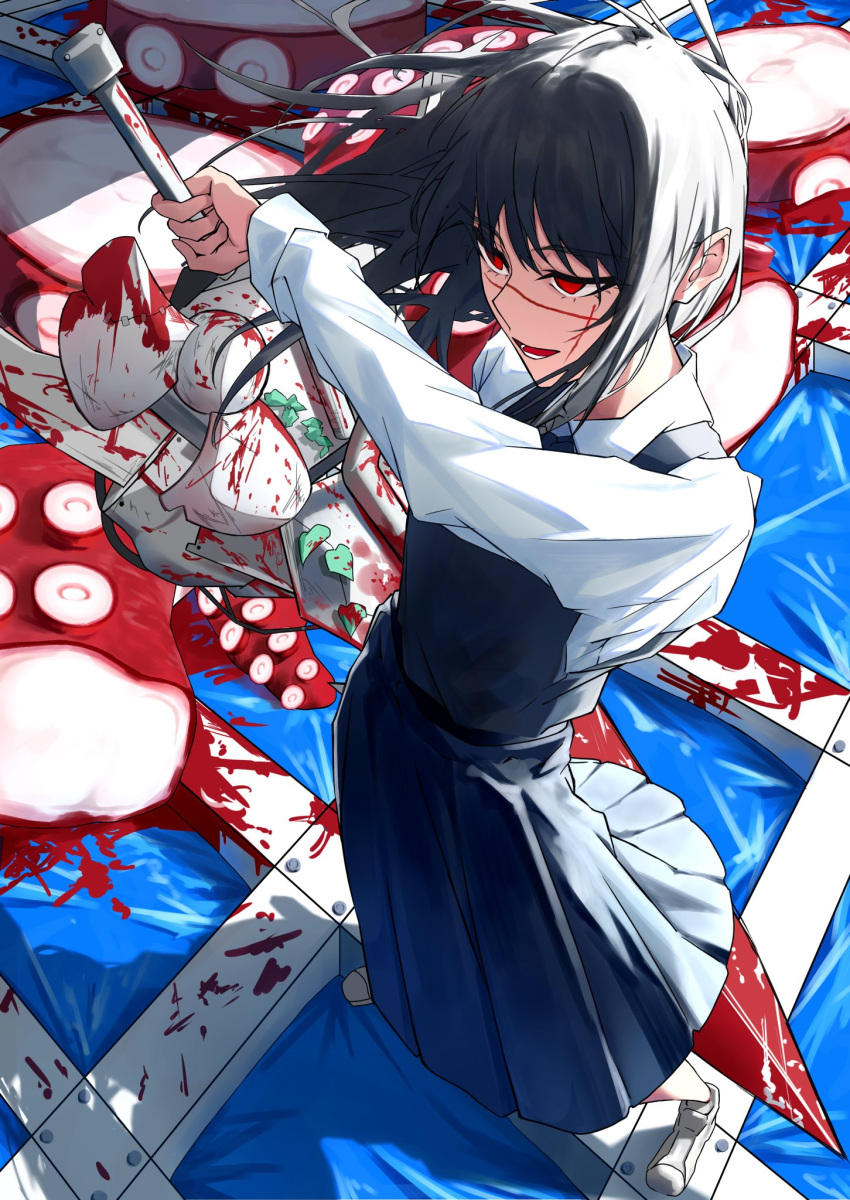 1girl acf_cfcf arm_up black_dress black_hair black_necktie blood blood_on_ground blood_on_weapon chainsaw_man collared_shirt dress hair_between_eyes highres holding holding_sword holding_weapon long_hair long_sleeves looking_to_the_side necktie open_mouth pinafore_dress red_eyes scar scar_on_face shadow shirt shoes sleeveless sleeveless_dress smile solo standing sword teeth tentacles tongue weapon white_footwear white_shirt yoru_(chainsaw_man)