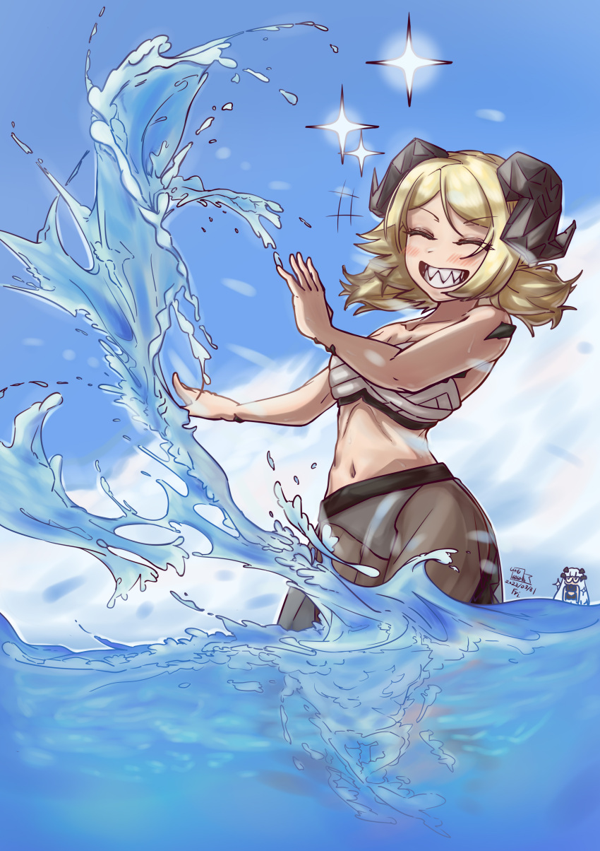 1girl absurdres arknights bikini blonde_hair blue_sky closed_eyes cloud dragon_girl dragon_horns goldentissue1 grey_hair highres horns ifrit_(arknights) ocean orange_eyes oripathy_lesion_(arknights) saria_(arknights) sarong see-through sharp_teeth short_twintails sky splashing swimsuit teeth twintails